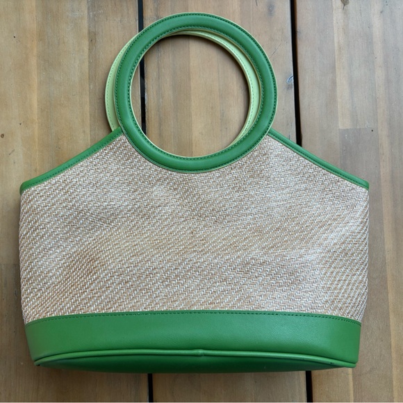 Ann Taylor Loft Bright Green and Woven Tan Purse with Floral Lining and Pockets - Picture 2 of 5